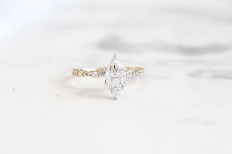 14kt Yellow Gold 1.38ct, 1.03ct Lab Grown Marquise 27 Round Alternating Large and Small Diamond Engagement Ring, 