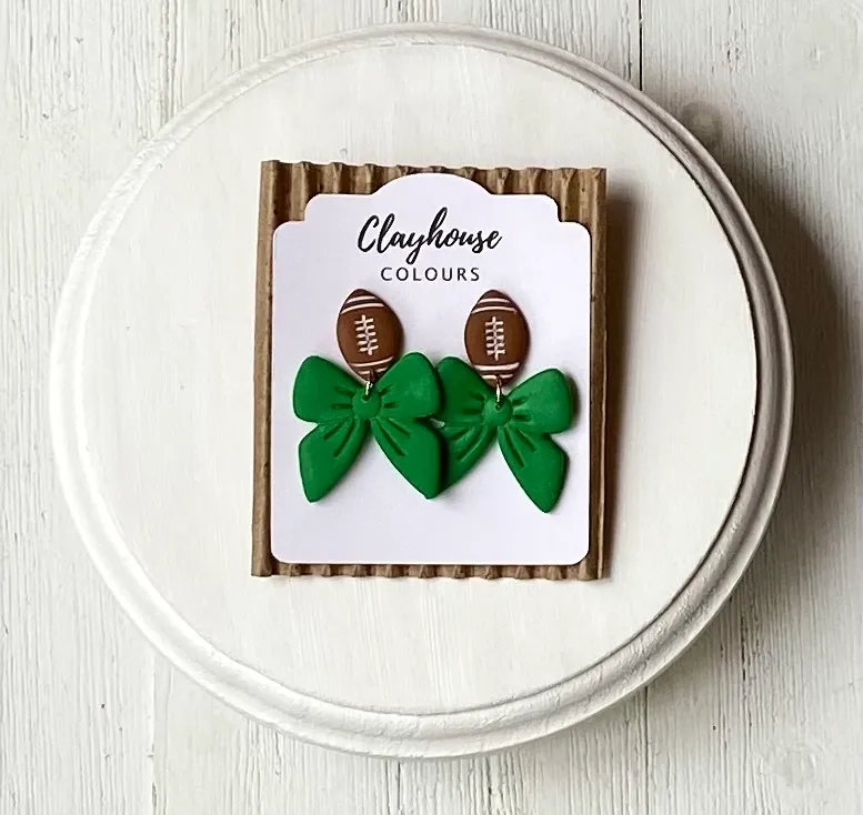 Green Football & Bow Clay Earrings Green Football & Bow Clay Earrings