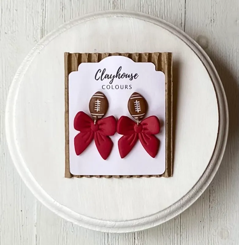 Red Football & Bow Clay Earrings Red Football & Bow Clay Earrings