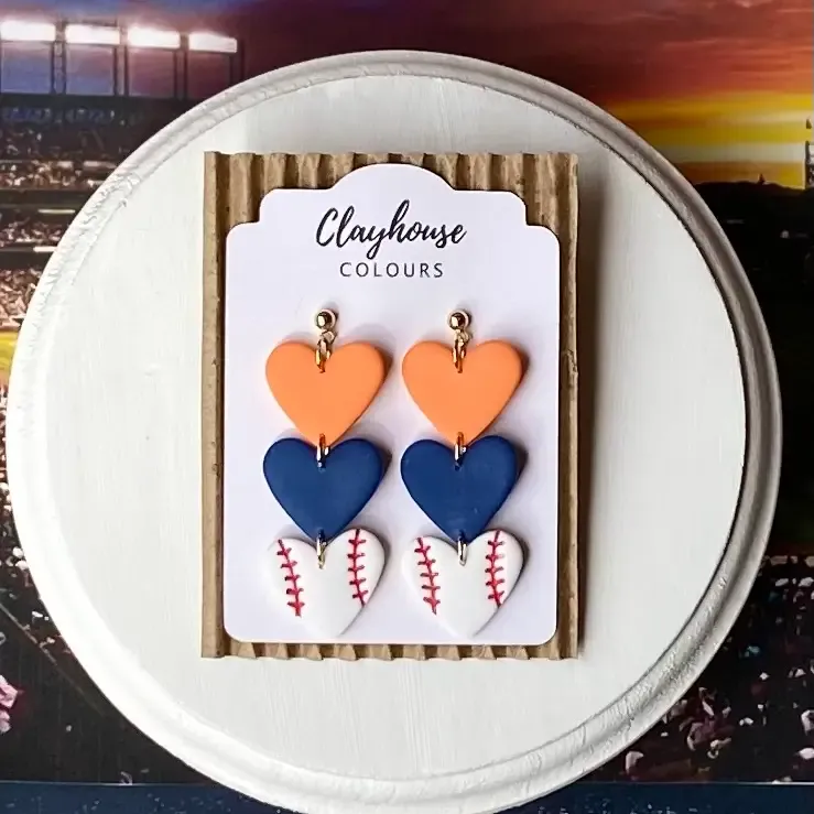 Triple Heart Dangle Baseball Clay Earrings Triple Heart Dangle Baseball Clay Earrings