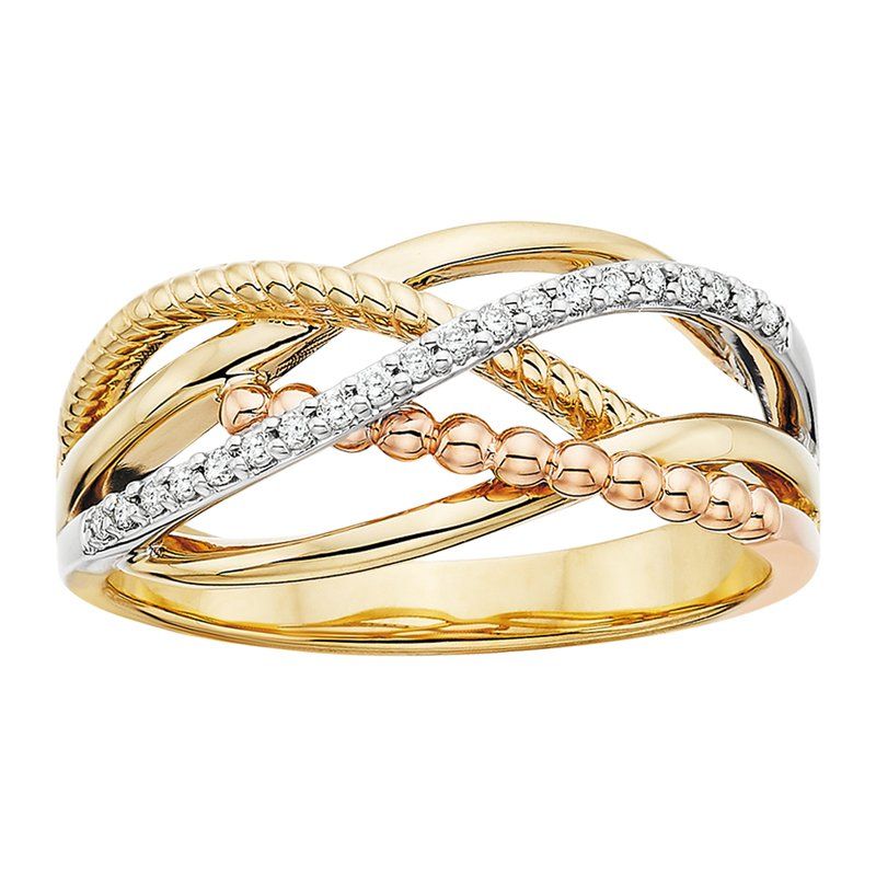10K Yellow, White and Rose Gold Bead Rope Crossover Band .10tw 10K Yellow, White and Rose Gold Bead Rope Crossover Band .10tw