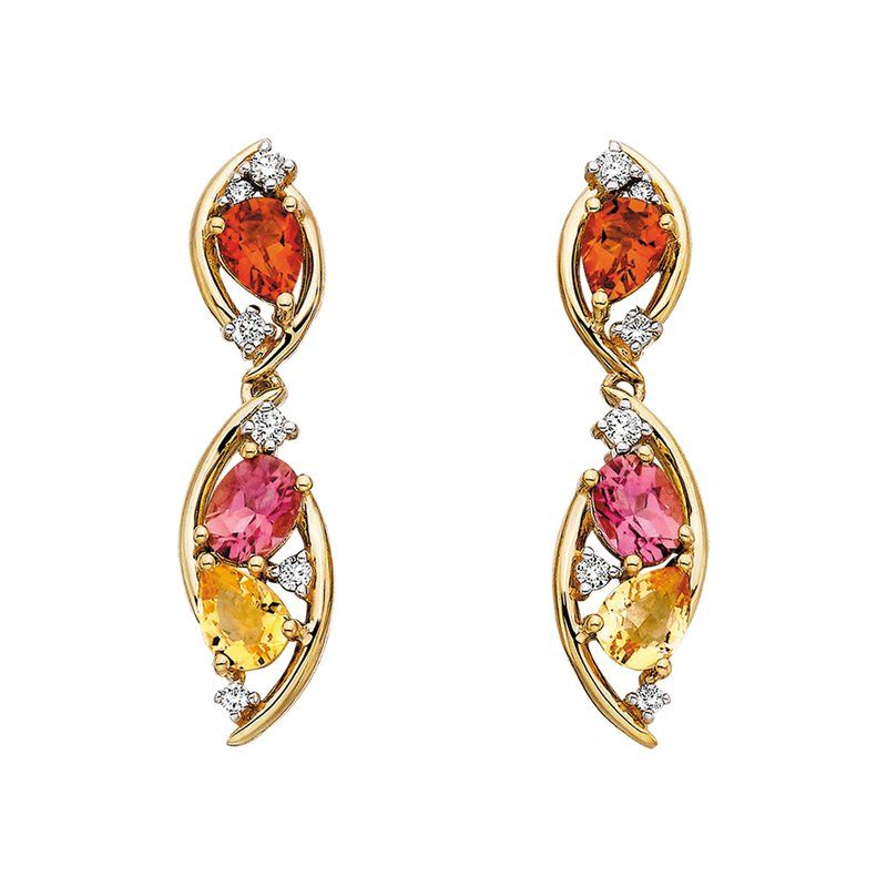 14K Yellow Gold Citrine and Pink Tourmaline drop earrings with .10ctw of sparkling diamond Color Cluster Earrings 14K Yellow Gold Citrine and Pink Tourmaline drop earrings with .10ctw of sparkling diamond Color Cluster Earrings