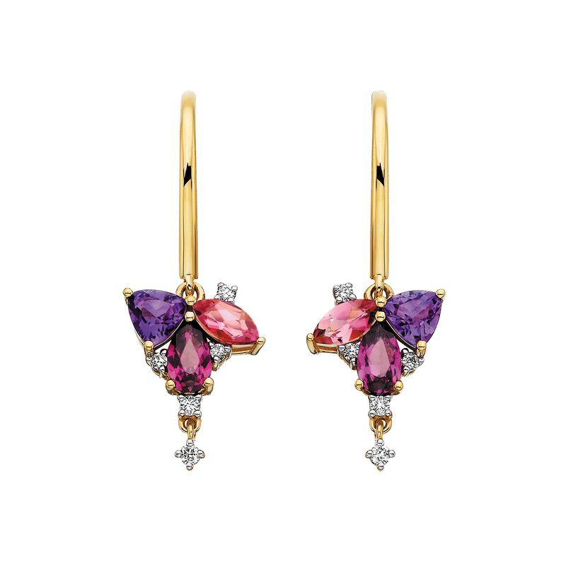 14K Yellow Gold Amethyst, Rhodolite Pear and Pink tourmaline accented with .08ctw diamond earrings 14K Yellow Gold Amethyst, Rhodolite Pear and Pink tourmaline accented with .08ctw diamond earrings