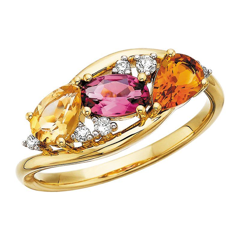 14K Yellow Gold Citrine and Pink Tourmaline Accented with .10ctw Diamonds Color Cluster Ring 14K Yellow Gold Citrine and Pink Tourmaline Accented with .10ctw Diamonds Color Cluster Ring