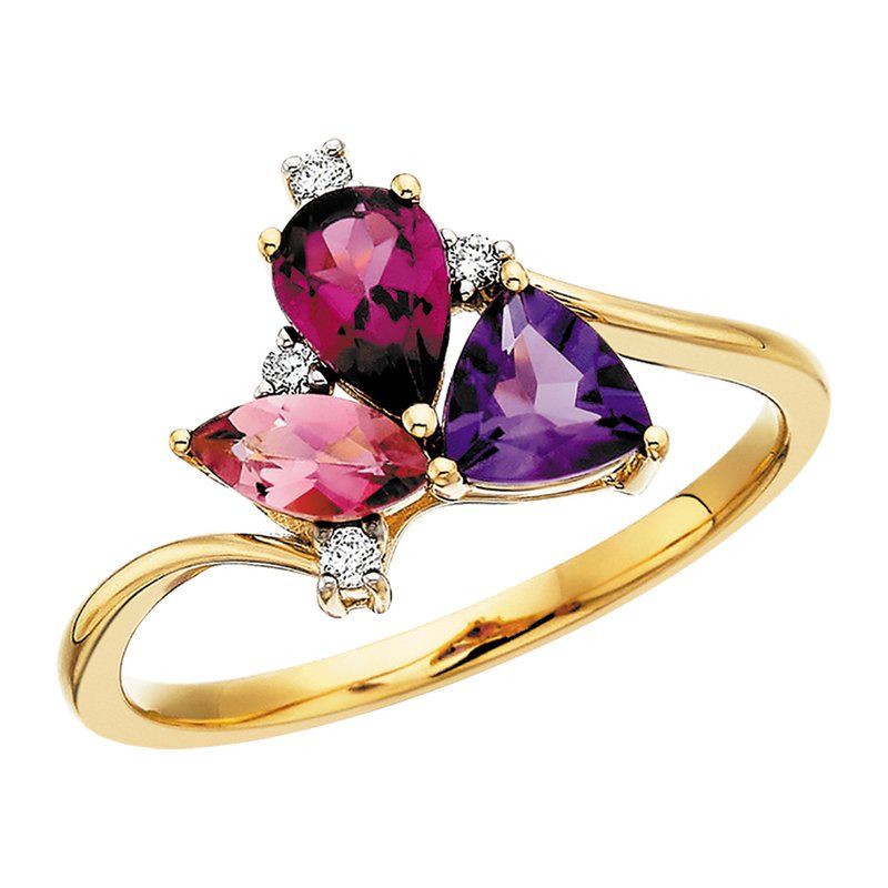 14K Yelllow Gold Amethyst, Rhodolite Pear, Pink Tourmaline and accented with Diamonds Cluster Ring .05tdw 14K Yelllow Gold Amethyst, Rhodolite Pear, Pink Tourmaline and accented with Diamonds Cluster Ring .05tdw