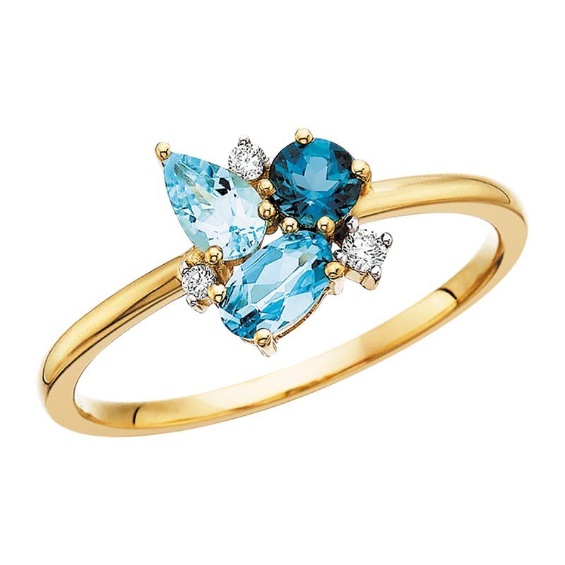 14K Yellow Gold Ring with London, Swiss, and sky blue topaz gemstones with .05tw diamonds 14K Yellow Gold Ring with London, Swiss, and sky blue topaz gemstones with .05tw diamonds