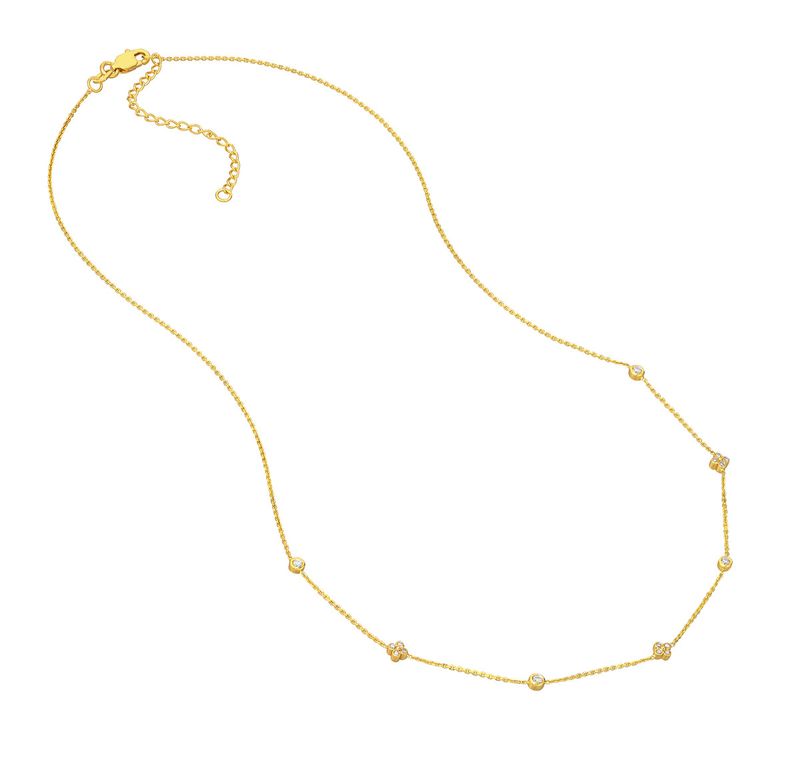 14k Yellow Gold Alternating Clover and Round Bezel 1/6 Total ct Diamond Necklace 14k Yellow Gold Alternating Clover and Round Bezel 1/6 Total ct Diamond Necklace