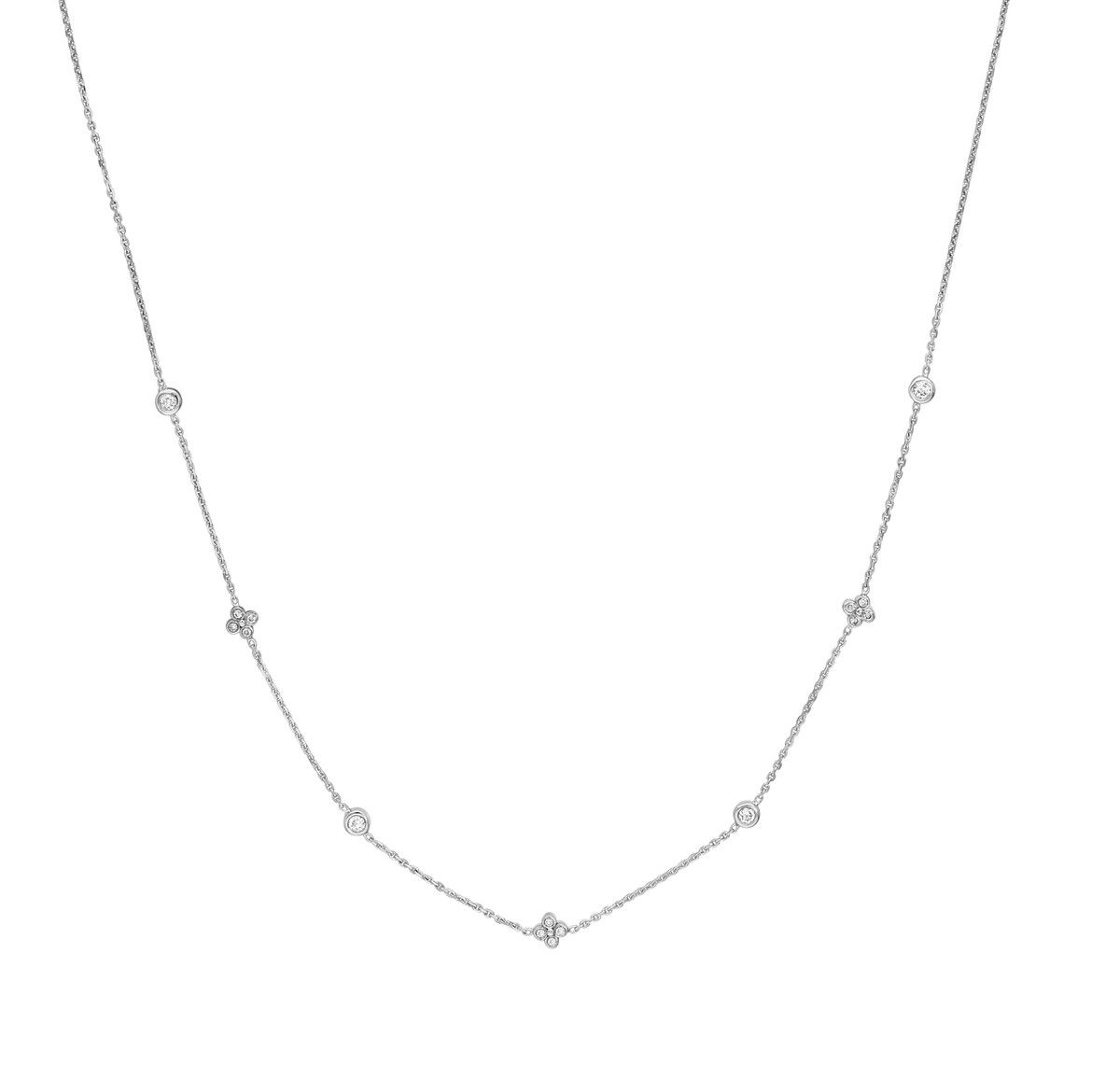 14k White Gold Alternating Clover and Round Bezel 1/6 Total ct Diamond Necklace 14k White Gold Alternating Clover and Round Bezel 1/6 Total ct Diamond Necklace