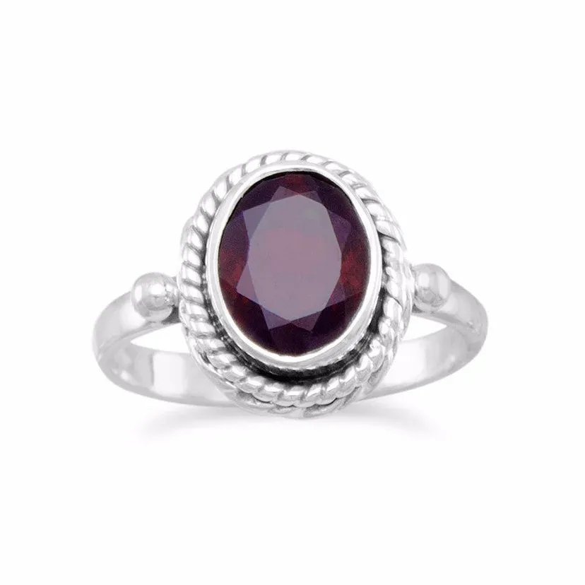 Sterling Silver Garnet Ring with Rope Edge Sterling Silver Garnet Ring with Rope Edge