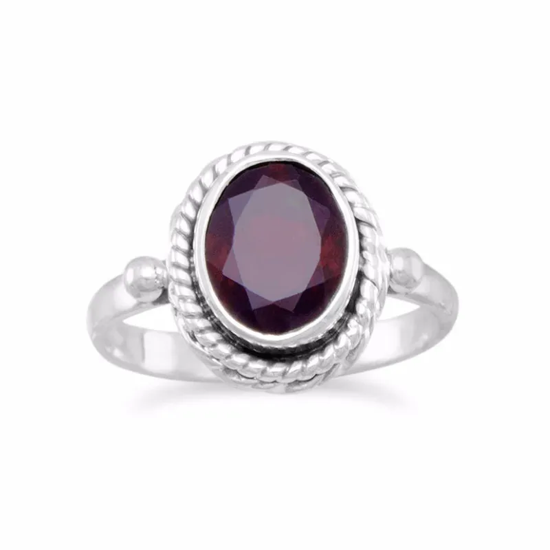 Sterling Silver Garnet Ring with Rope Edge Sterling Silver Garnet Ring with Rope Edge
