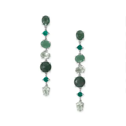 Sterling Silver Rhodium Plated Green Multi Stone Long Drop Earrings Sterling Silver Rhodium Plated Green Multi Stone Long Drop Earrings