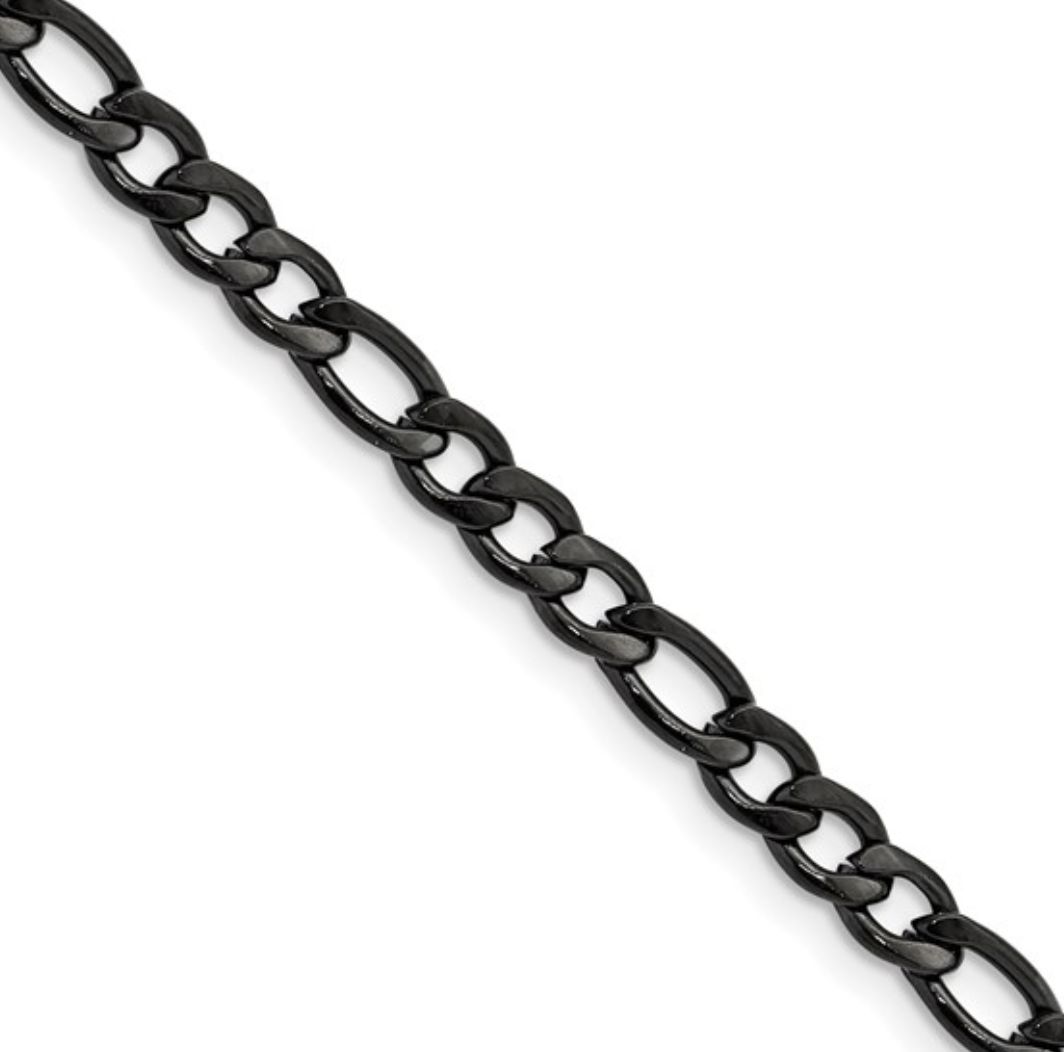 Stainless Steel Polished Black IP Plated 4.5mm Figaro Chain 22inch Stainless Steel Polished Black IP Plated 4.5mm Figaro Chain 22inch