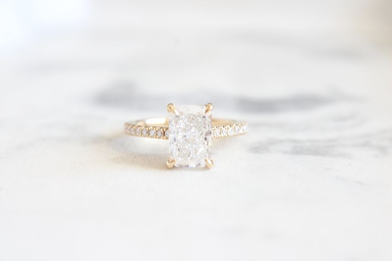 14K Yellow Gold Lab Grown 2.5ct Radiant Diamond on Diamond Band with Halo .38ct 14K Yellow Gold Lab Grown 2.5ct Radiant Diamond on Diamond Band with Halo .38ct