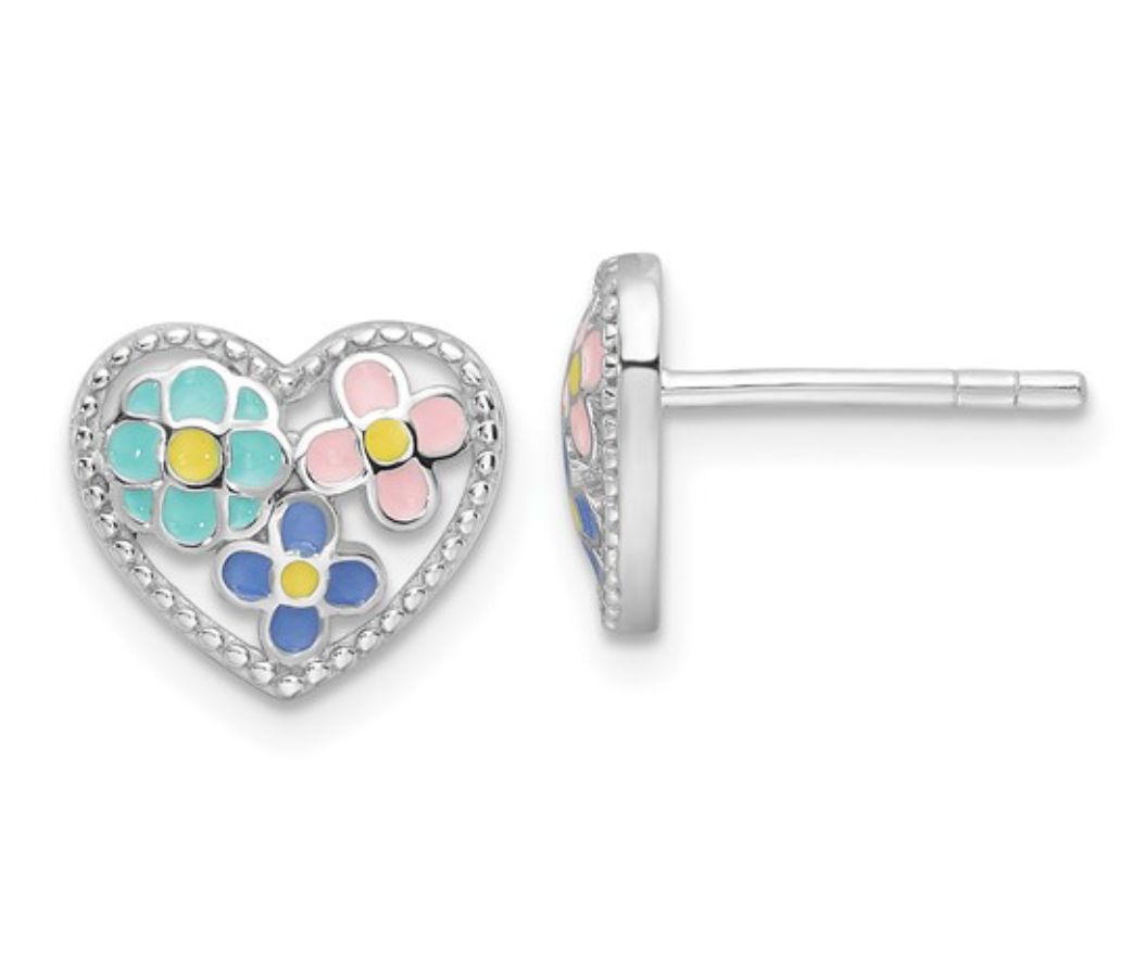 Sterling Silver Rhodium-plated Polished and Beaded Multi-color Enameled Floral Heart Children's Post Earrings Sterling Silver Rhodium-plated Polished and Beaded Multi-color Enameled Floral Heart Children's Post Earrings