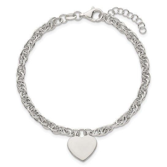 Sterling Silver Polished Fancy Engravable Heart Disc on Rope Chain 7 Inch with 1 Inch Extension Bracelet Sterling Silver Polished Fancy Engravable Heart Disc on Rope Chain 7 Inch with 1 Inch Extension Bracelet