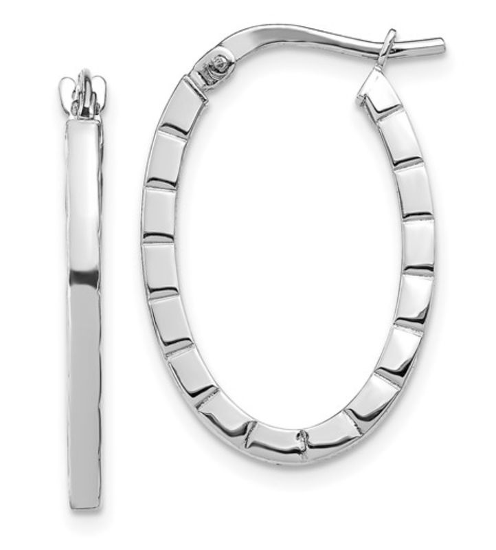 14k White Gold Striped Edge Oval Hoop Earrings 14k White Gold Striped Edge Oval Hoop Earrings