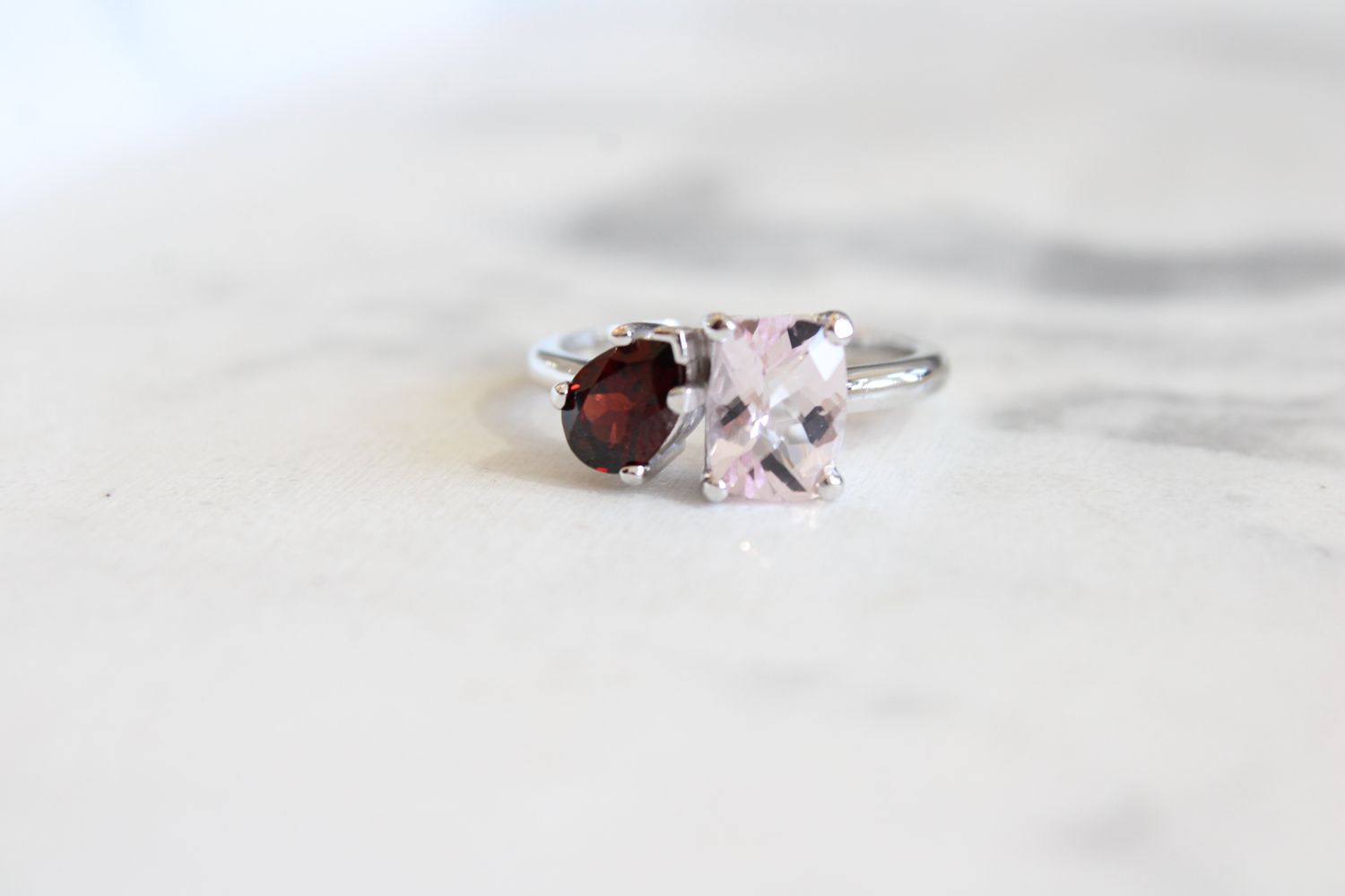 10kt White Gold 2 Stone 8x6mm Morganite and 7x5mm Pear Garnet Ring 10kt White Gold 2 Stone 8x6mm Morganite and 7x5mm Pear Garnet Ring
