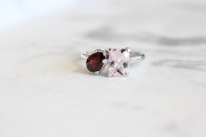 10kt White Gold 2 Stone 8x6mm Morganite and 7x5mm Pear Garnet Ring 10kt White Gold 2 Stone 8x6mm Morganite and 7x5mm Pear Garnet Ring