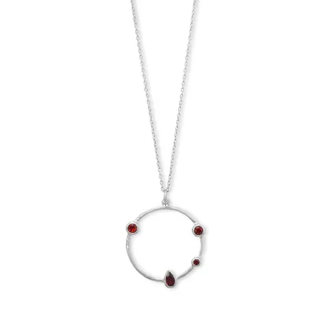 16" + 2" Sterling Silver Rhodium Plated Garnet & Hammered Circle Necklace 16" + 2" Sterling Silver Rhodium Plated Garnet & Hammered Circle Necklace