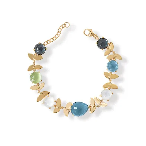 6.5" + 1" Sterling Silver 14kt Gold Plated Multi-stone Bracelet w/ Leafy Details 6.5" + 1" Sterling Silver 14kt Gold Plated Multi-stone Bracelet w/ Leafy Details