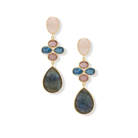 14kt Gold Plated Labradorite, Rose Quartz and Glass Drop Earrings 14kt Gold Plated Labradorite, Rose Quartz and Glass Drop Earrings