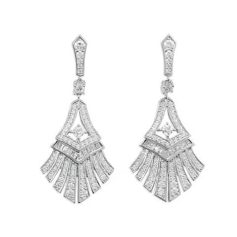 Sterling Silver Rhodium Plated CZ Fan-Shaped Skirt Earrings Sterling Silver Rhodium Plated CZ Fan-Shaped Skirt Earrings
