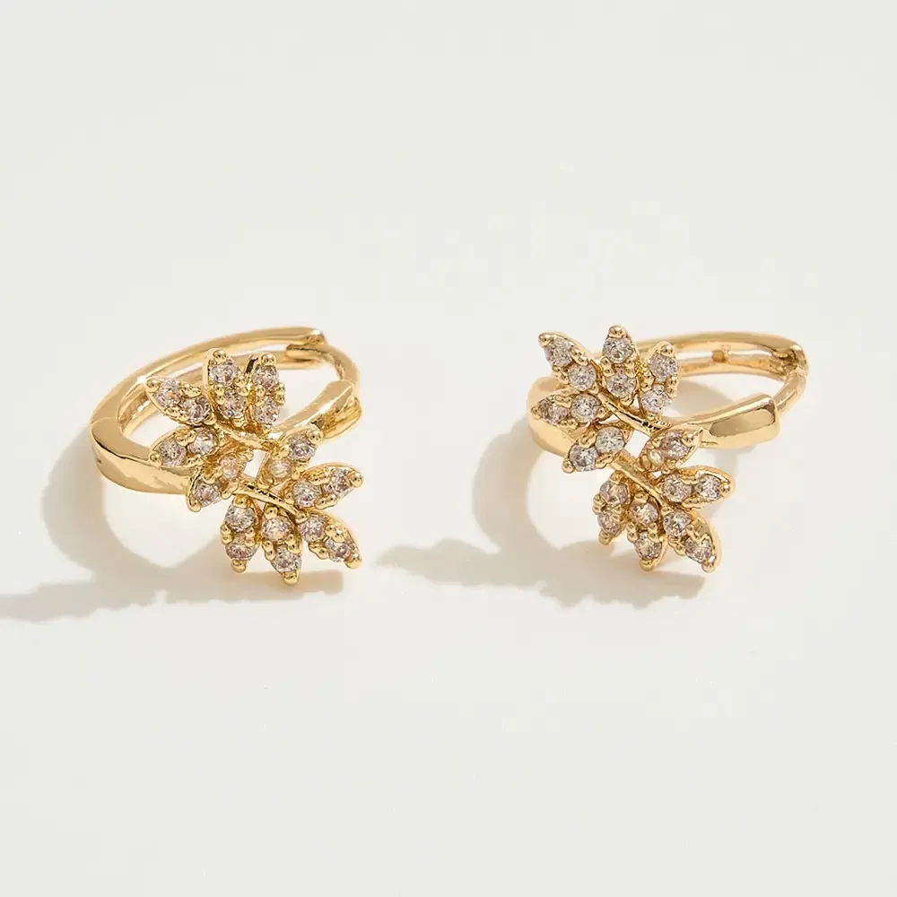 14K Gold Dipped CZ Stone Paved Leaves Mini Huggie Hoop Earrings 14K Gold Dipped CZ Stone Paved Leaves Mini Huggie Hoop Earrings