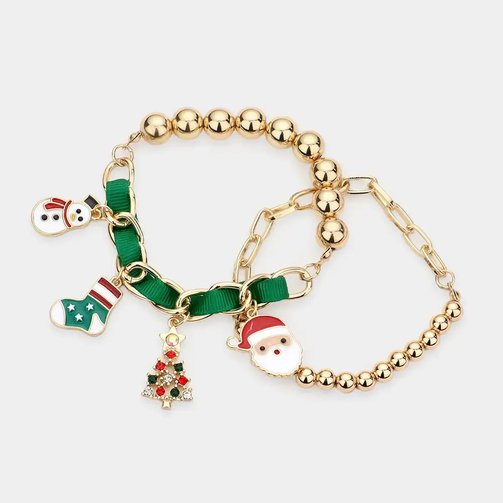 Christmas Theme Enamel Charm Multi Layered Bracelets-Green Christmas Theme Enamel Charm Multi Layered Bracelets-Green