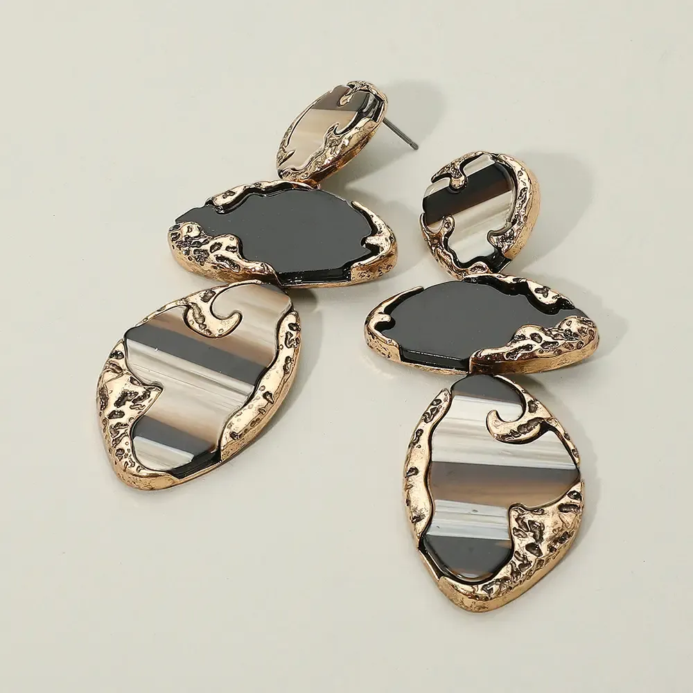 Textured Metal Frame Abstract Celluloid Acetate Plate Link Drop Statement Earrings Brown-Gold-Multi Textured Metal Frame Abstract Celluloid Acetate Plate Link Drop Statement Earrings Brown-Gold-Multi