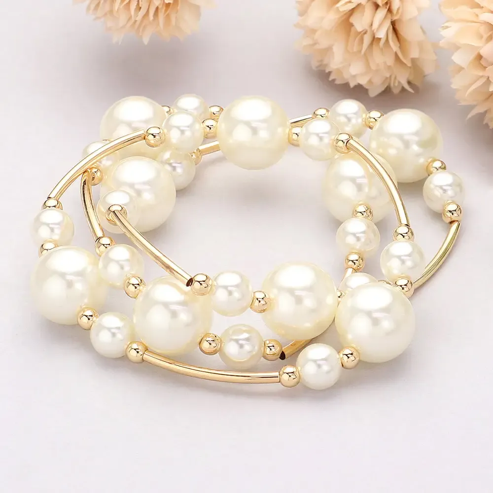Triple Pearl Ball Station Stretch Multi Bracelets Gold Cream Triple Pearl Ball Station Stretch Multi Bracelets Gold Cream