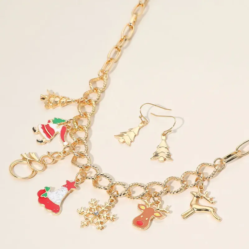 Christmas Santa Claus Rudolph Reindeer Snowflake Charm Necklace Gold-Multi Christmas Santa Claus Rudolph Reindeer Snowflake Charm Necklace Gold-Multi