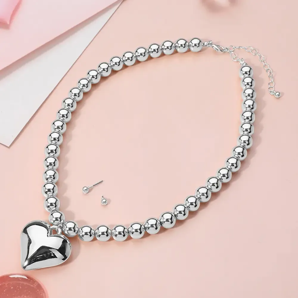Metal Puffy Heart Pendant Ball Beaded Necklace-Silver Metal Puffy Heart Pendant Ball Beaded Necklace-Silver