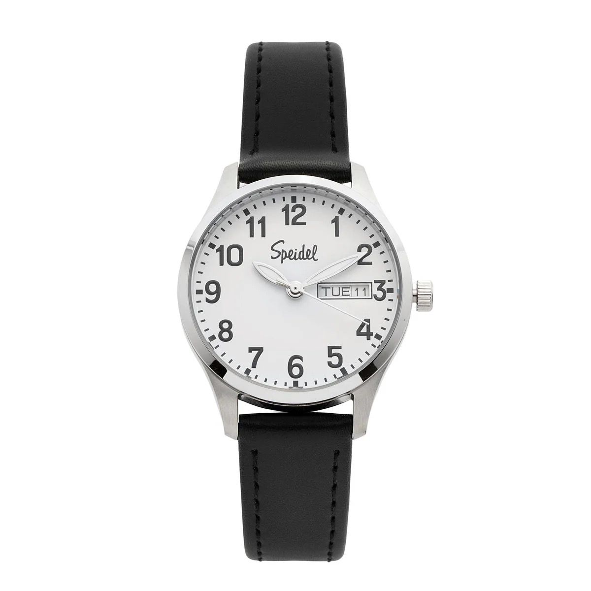 Ladies Essential Watch With White Dial Day/Date And Genuine Black Leather Stitched Watchband Ladies Essential Watch With White Dial Day/Date And Genuine Black Leather Stitched Watchband