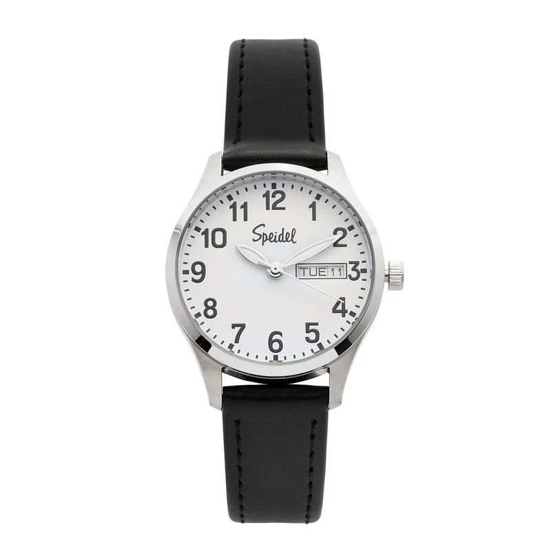Ladies Essential Watch With White Dial Day/Date And Genuine Black Leather Stitched Watchband Ladies Essential Watch With White Dial Day/Date And Genuine Black Leather Stitched Watchband