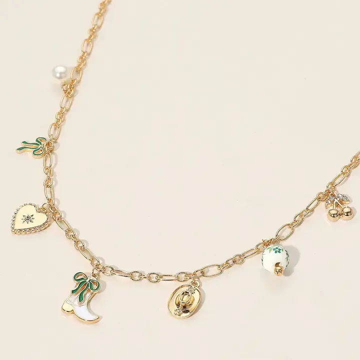 Enamel Bow Western Cowboy Boot Hat Heart Ceramic Ball Cherry Charm Station Necklace Gold and Green Enamel Bow Western Cowboy Boot Hat Heart Ceramic Ball Cherry Charm Station Necklace Gold and Green