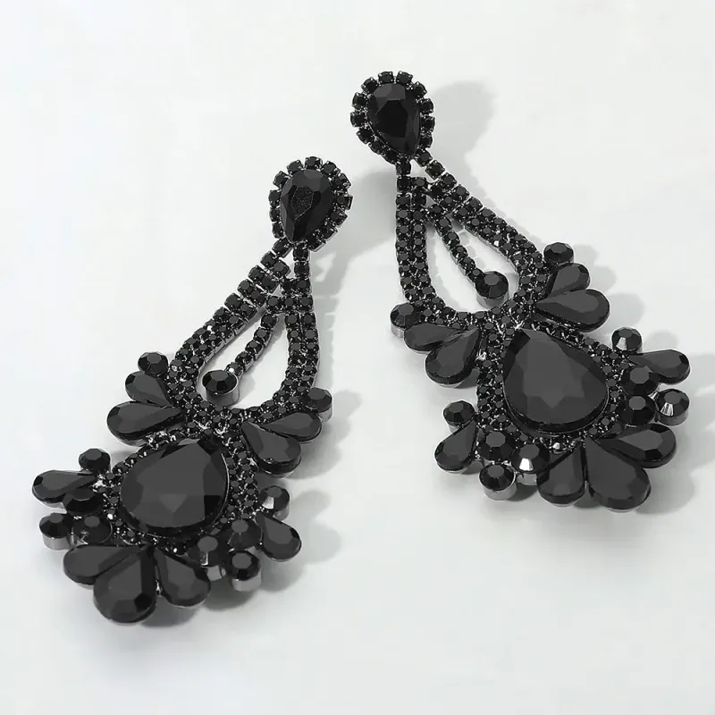 Teardrop Stone Cluster Statement Jet Black Evening Earrings Teardrop Stone Cluster Statement Jet Black Evening Earrings