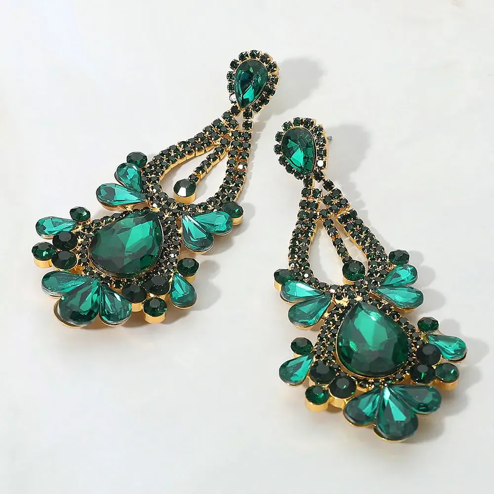 Teardrop Stone Cluster Statement Emerald Green and Gold Evening Earrings Teardrop Stone Cluster Statement Emerald Green and Gold Evening Earrings