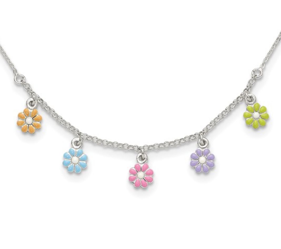 Sterling Silver Polished Multi-color Enameled Flowers Children's Necklace Sterling Silver Polished Multi-color Enameled Flowers Children's Necklace