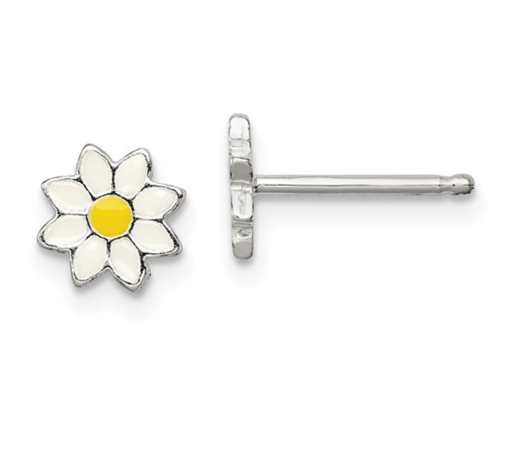 Sterling Silver Polished Yellow and White Enameled Flower Children's Post Earrings Sterling Silver Polished Yellow and White Enameled Flower Children's Post Earrings