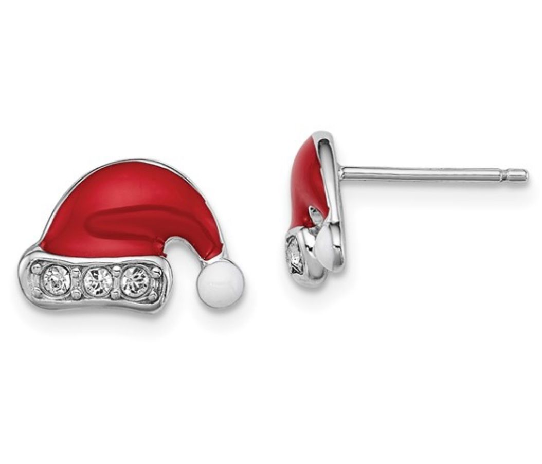 Sterling Silver Madi K Rhodium-plated Polished Red and White Enameled and Crystal Santa Hat Children's Post Earrings Sterling Silver Madi K Rhodium-plated Polished Red and White Enameled and Crystal Santa Hat Children's Post Earrings