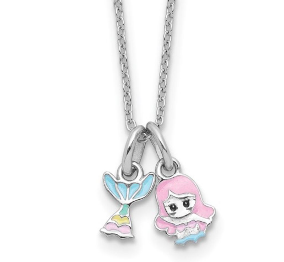 Sterling Silver RH-plated Multi-color Enamel Mermaid Children's Necklace Sterling Silver RH-plated Multi-color Enamel Mermaid Children's Necklace