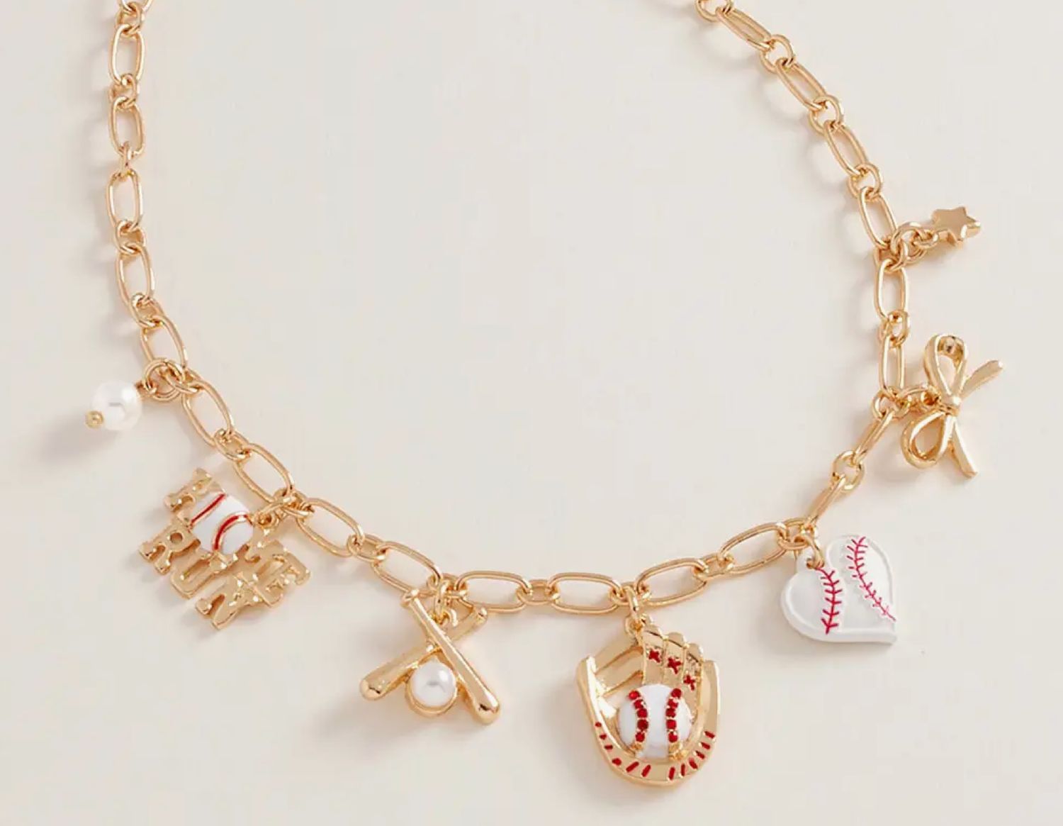 Baseball Pearl Bow Yellow Gold Tone Charm Necklace Baseball Pearl Bow Yellow Gold Tone Charm Necklace