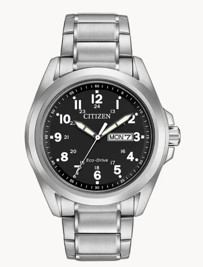 Citizen Mens Garrison Silver Toned Watch With Black Dial Eco Drive Watch Citizen Mens Garrison Silver Toned Watch With Black Dial Eco Drive Watch
