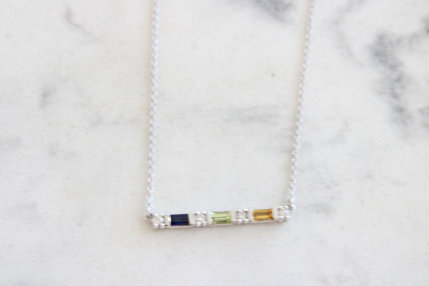 14K White 3-Stone 1/8 CTW Natural Diamond, Sapphire, Peridot, Citrine Family Bar 18" Necklace 14K White 3-Stone 1/8 CTW Natural Diamond, Sapphire, Peridot, Citrine Family Bar 18" Necklace