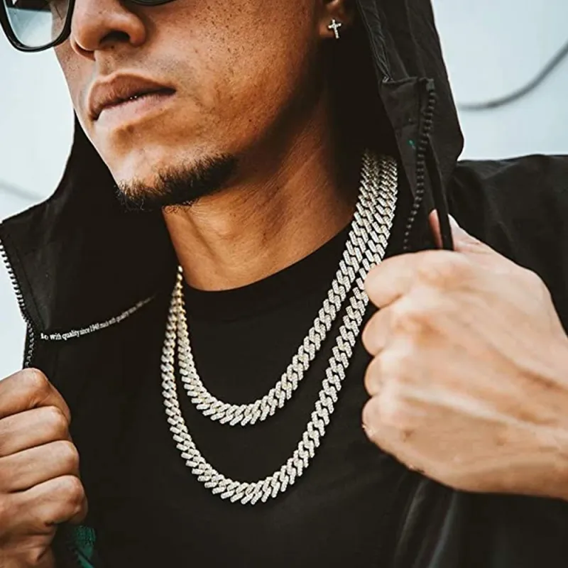 Solid Miami Cuban Link Silver Gold Toned 22in Iced Out Necklace Solid Miami Cuban Link Silver Gold Toned 22in Iced Out Necklace