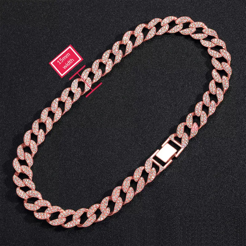 Cuban Link Iced Out 15mm Rose Tone Necklace, 18in Cuban Link Iced Out 15mm Rose Tone Necklace, 18in