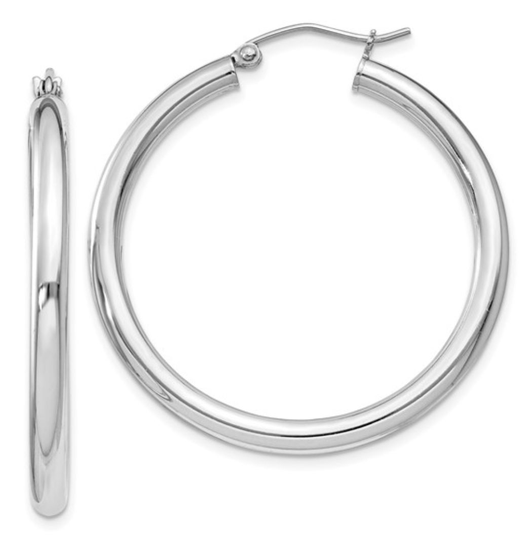 Sterling Silver Rhodium-Plated 3mm Round Hoop Earrings Sterling Silver Rhodium-Plated 3mm Round Hoop Earrings