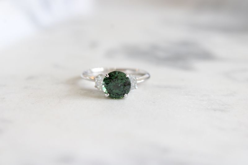 18kt White Gold Green Tourmaline & Oval Diamond Past Present Future Ring, 2 @ .25ct Each 18kt White Gold Green Tourmaline & Oval Diamond Past Present Future Ring, 2 @ .25ct Each