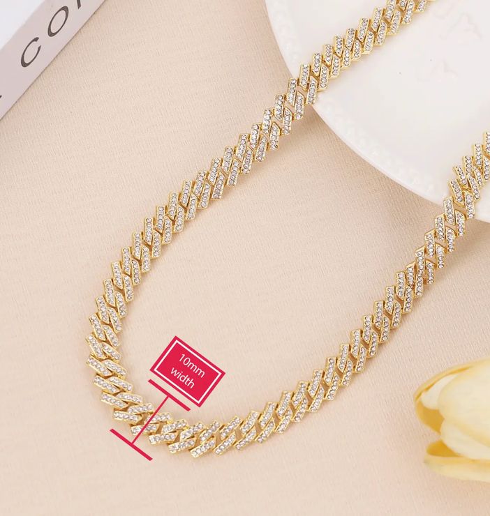 Gold Tone Solid 10mm Miami Cuban Link Iced Out 22in Chain Gold Tone Solid 10mm Miami Cuban Link Iced Out 22in Chain