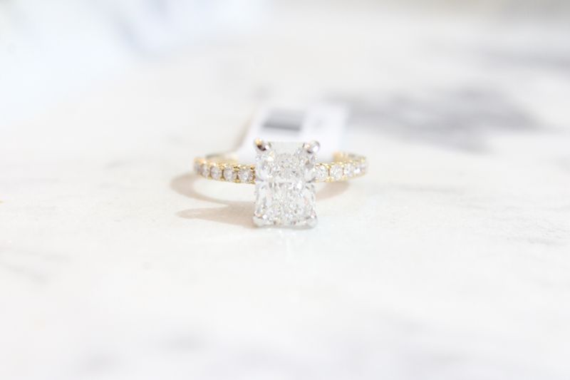 14kt Yellow Gold 2.06ct Lab Grown Radiant, Hidden Halo and LG Diamond Shank Ring 14kt Yellow Gold 2.06ct Lab Grown Radiant, Hidden Halo and LG Diamond Shank Ring